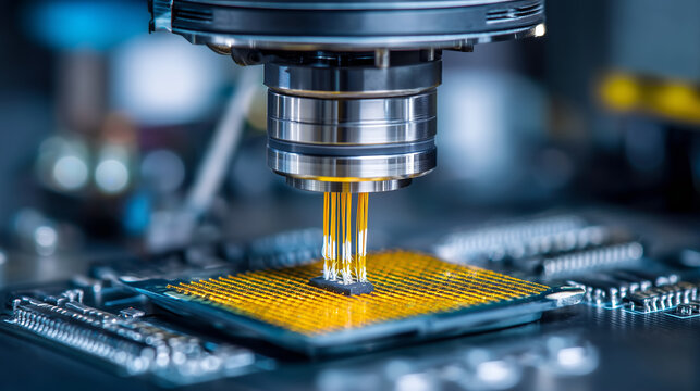 Precision semiconductor wire bonding machine extending gold wire between a die pad and package lead frame, extreme close up, microscopic detail of the bond forming, yellow fab ligh