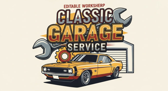 Classic Garage Service Emblem with Vintage Car and Wrench