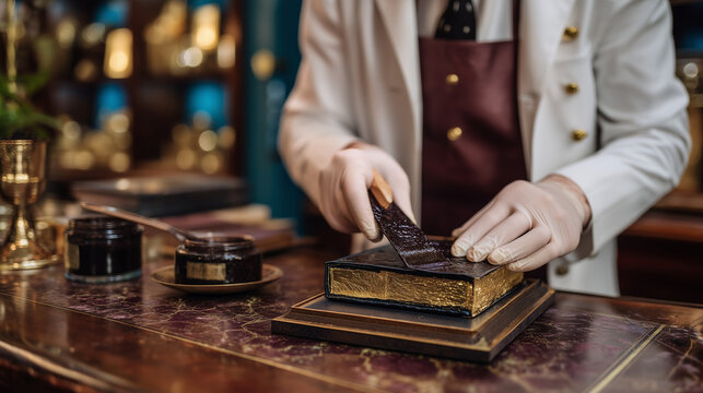 Artisan bookbinder pressing gold leaf onto a leather spine using heated finishing tools, gilded letters forming under steady hand pressure, luxury interior workshop with walnut she