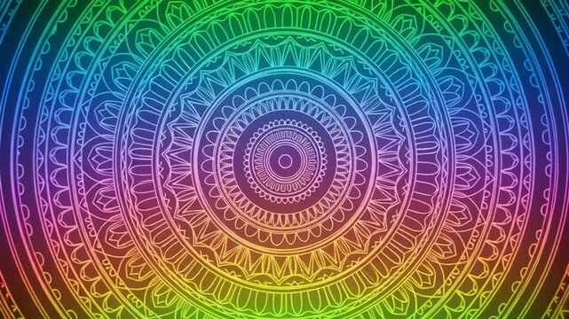 Abstract rainbow background with a colorful psychedelic mandala design featuring digital fractal patterns and a blue spiral kaleidoscope ornament