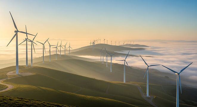 wind turbines on rolling hills at sunrise with low lying clouds high quality
