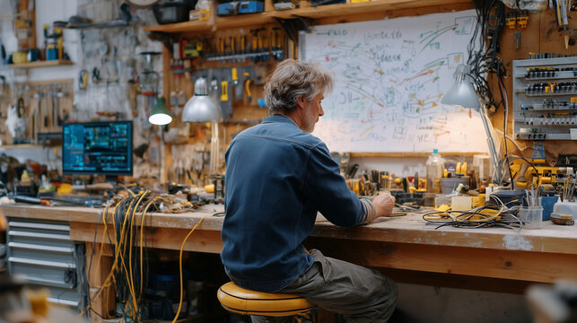Cluttered garage workspace with a whiteboard scrawled in market segmentation arrows, extension cords snaking across oil-stained floor, a single entrepreneur hunched over a workbenc
