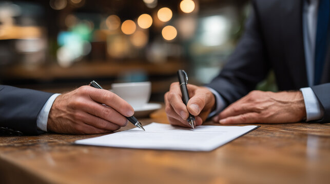 Co-founders negotiating over a hand-annotated term sheet at a scarred wooden kitchen table, coffee rings on papers, tense body language, warm overhead pendant light, perfect for co