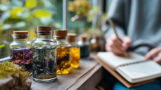Solo entrepreneur photographing handmade product samples arranged on a window ledge with natural spring light, a notebook of cost calculations nearby, ideal for bootstrapped produc