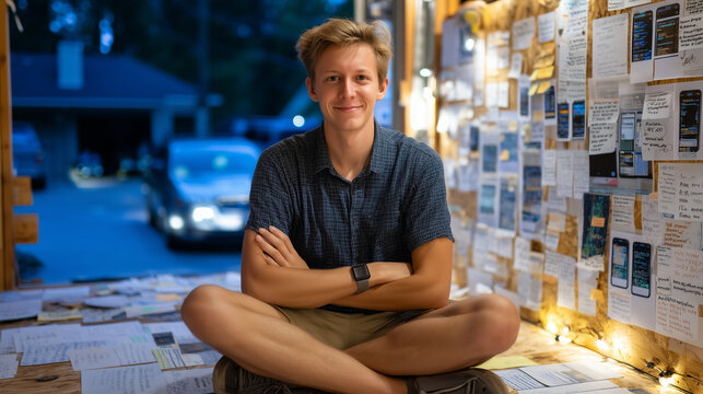 Developer surrounded by printed error logs pinned to bare drywall, seated cross-legged on the floor of an unfinished garage office space, twilight blue washing in from outside, per