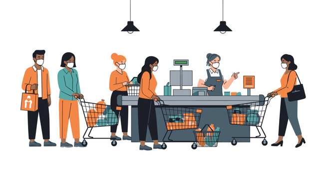 Group of diverse people wearing face masks stand in a socially distanced line at a supermarket checkout to pay for their grocery shopping.