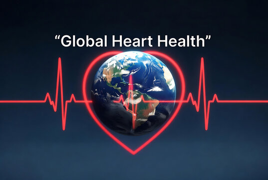 It depicts global heart health, with an Earth encompassed by a heartbeat graphic overlaid on a digital background.