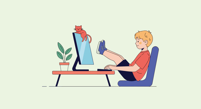 Young boy relaxing at his desk with his feet up while using a computer and a cute red cat sits on top of the monitor.