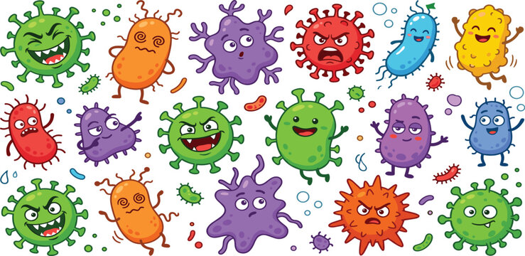 Colorful cartoon bacteria and virus characters with funny faces for medical and educational health concepts