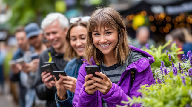 Crowd of twelve beta testers reacting visibly while using an early app prototype during an outdoor pop-up test in a vibrant spring market setting, ideal for beta testing, public MV