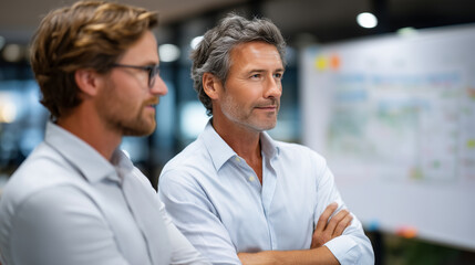 Fototapeta premium Two co-founders presenting conflicting versions of the roadmap to an empty conference room as practice, facing the whiteboard instead of each other, warm afternoon light, ideal for