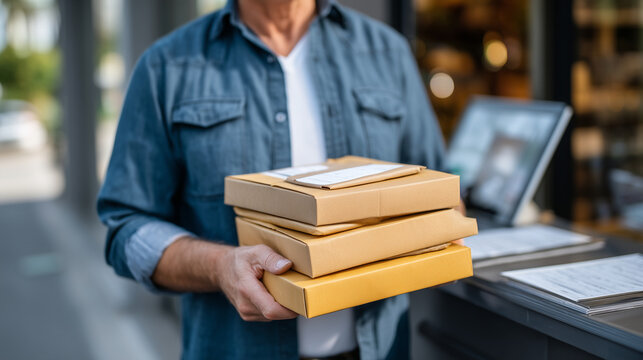 Founder mailing the first batch of bootstrapped product orders from a post office counter, arms full of handwritten packages, spring afternoon sun casting long entry shadows, ideal