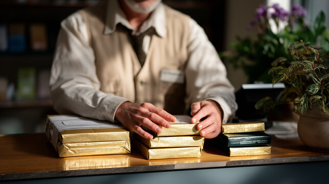 Founder mailing the first batch of bootstrapped product orders from a post office counter, arms full of handwritten packages, spring afternoon sun casting long entry shadows, ideal