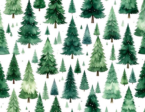 Watercolor-style trees pattern on white backdrop, evoking a calming forest feel with varying shades of green
