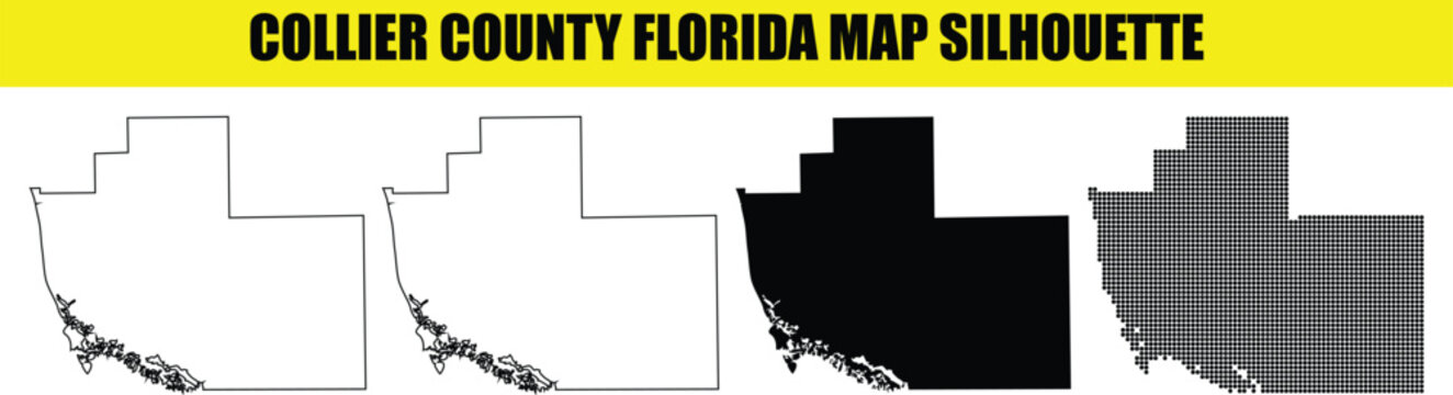 Collier county Florida map silhouette set with various graphic representations including solid fill and stippled patterns.