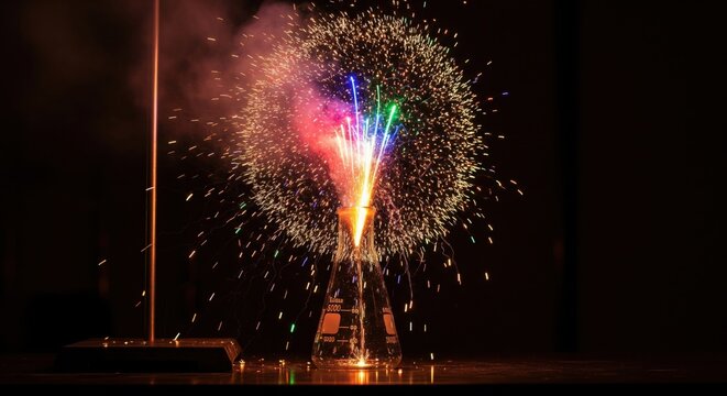Fireworks Exploding from Chemistry Flask on Dark Background