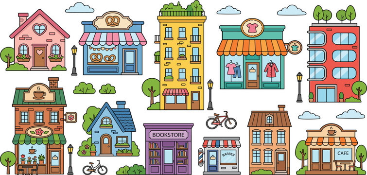 Colorful vector set of various cute cartoon city buildings shops houses and local business storefronts