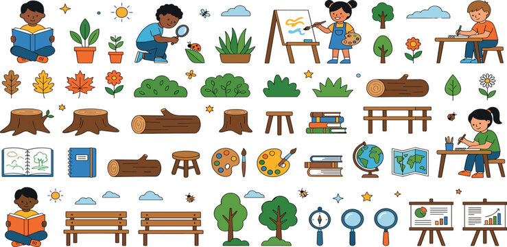 Diverse kids learning in nature with school supplies plants and outdoor education vector element set