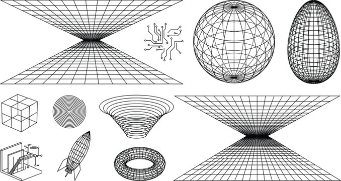 Wireframe Geometry and Abstract Grid Shapes Collection with 3D Sphere, Cube, Torus, Tunnel Perspective and Tech Elements for Digital Design Vector Illustration