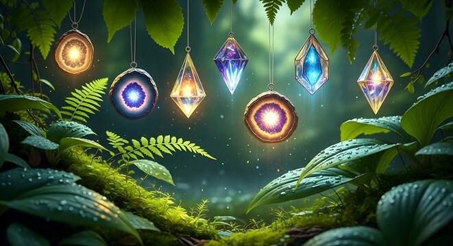 Ethereal gemstones and agates hang amidst lush, dew-kissed foliage