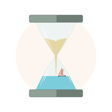 Sailboat in hourglass on white background. Surreal sand timer with sand turning into calm sea and sail boat. Slow living and mindfulness, time management and inner peace concept. Vector illustration