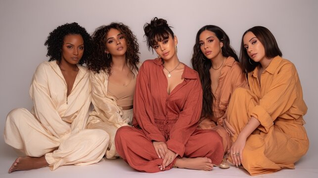 Diverse group of young women in casual monochromatic loungewear poses together against a neutral background.