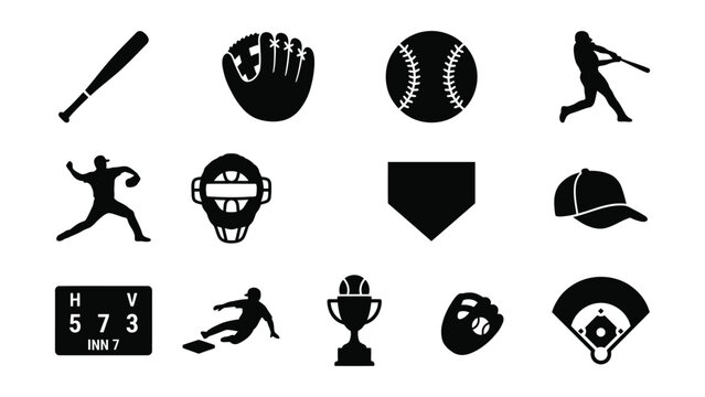 Black and white baseball sports icons set
