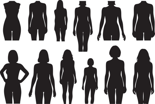 Collection of various female body shapes and poses in black silhouette