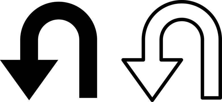 U-turn arrow icon set with solid and outline curved navigation symbols