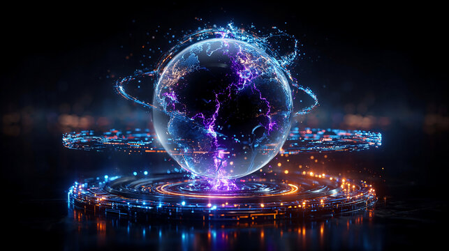 Abstract glowing earth with purple energy network futuristic digital technology concept