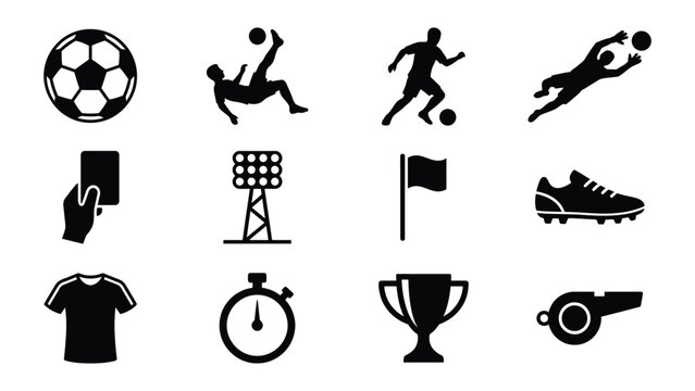 Flat soccer sports icons set with various actions and equipment
