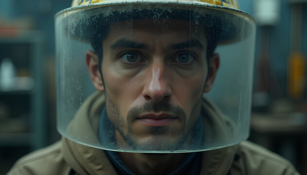 Dusty curved plexiglass shield bouncing back a worker's face all twisted and distorted with one eye larger mouth stretched and dust like a curtain