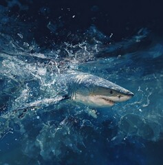 Naklejka premium subtle water ripples and splash textures around shark, transparent layering effect, depth and motion, immersive ocean feel