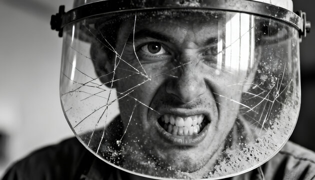 A worker's face seen through a curved dusty plastic shield all warped and wrong with one eye giant and mouth pulled long and dust hazy