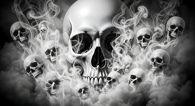 Ethereal skulls emerge from swirling, smoky wisps, a macabre ballet
