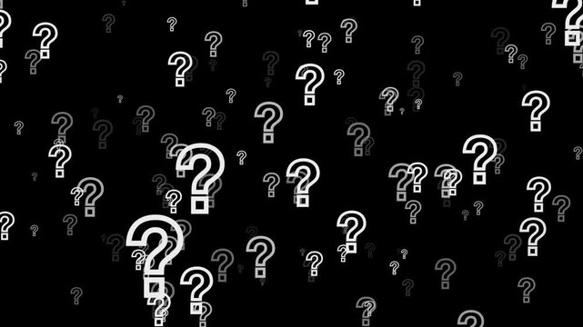 White question marks float against a stark black background