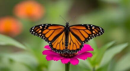 Fototapeta premium Monarch butterfly resting on a vibrant pink zinnia flower a stunning nature scene