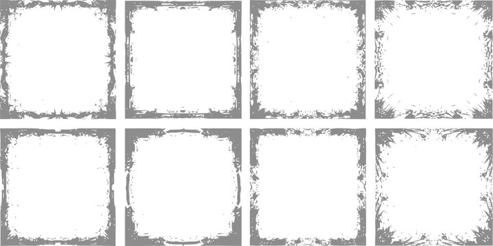 Set of eight square grunge photo frames with distressed edges and rough borders for vintage style layouts isolated on white background for creative design projects