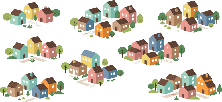 Isometric vector collection of colorful small houses cute residential neighborhoods and suburban village buildings
