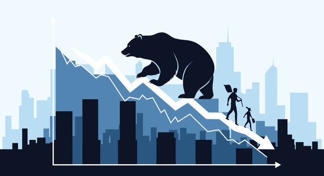 Large bear silhouette walking down a falling financial graph over a city skyline representing a bear market economy.