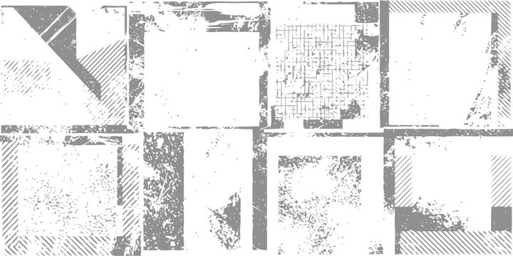 Abstract rectangular frames with varied grunge textures and geometric patterns including grid and line art for creative graphic design and modern digital layouts