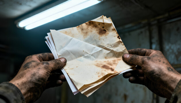 Grease-stained worn hands gripping a beat-up crumpled document with coffee marks and soft edges and small visible scars