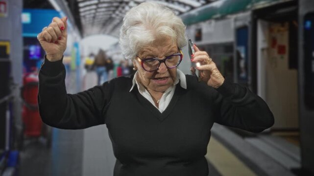 Senior woman holding smartphone to ear and adjusting glasses on train platform in building; frustration travel delay.