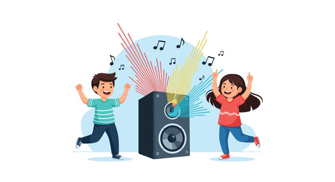 Two happy children jumping and dancing with joy next to a large speaker with colorful musical notes and sound waves above.