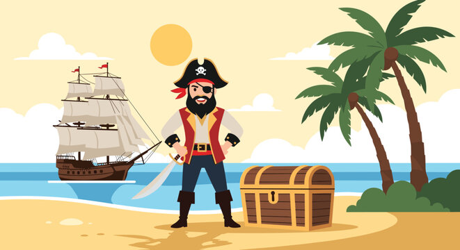 Brave pirate captain with a beard and sword standing on a tropical beach near a treasure chest and a large sailing ship.