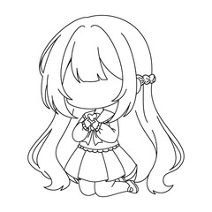 Chibi Schoolgirl Line Art Holding a Heart – Kawaii Anime Girl in Sailor Uniform Kneeling Pose