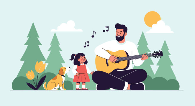 Loving father sits on the grass and plays a guitar while his young daughter sings along in a beautiful pine forest.