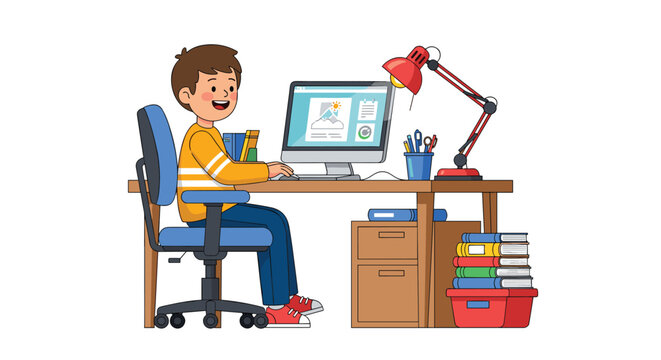 Boy sitting on a blue office chair at a wooden desk while working on a computer next to books, a red lamp, and a drawer.