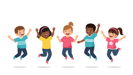 Obraz premium Five joyful children of various backgrounds jumping high into the air with excitement and happiness against a clean white background during play.