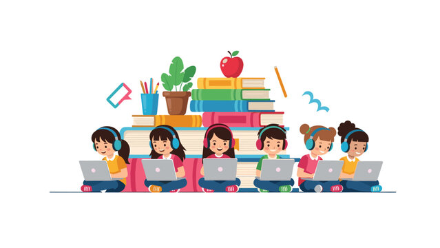 Six children sitting in a row on giant stacked books while using laptops and wearing headphones for an online digital learning class at home.